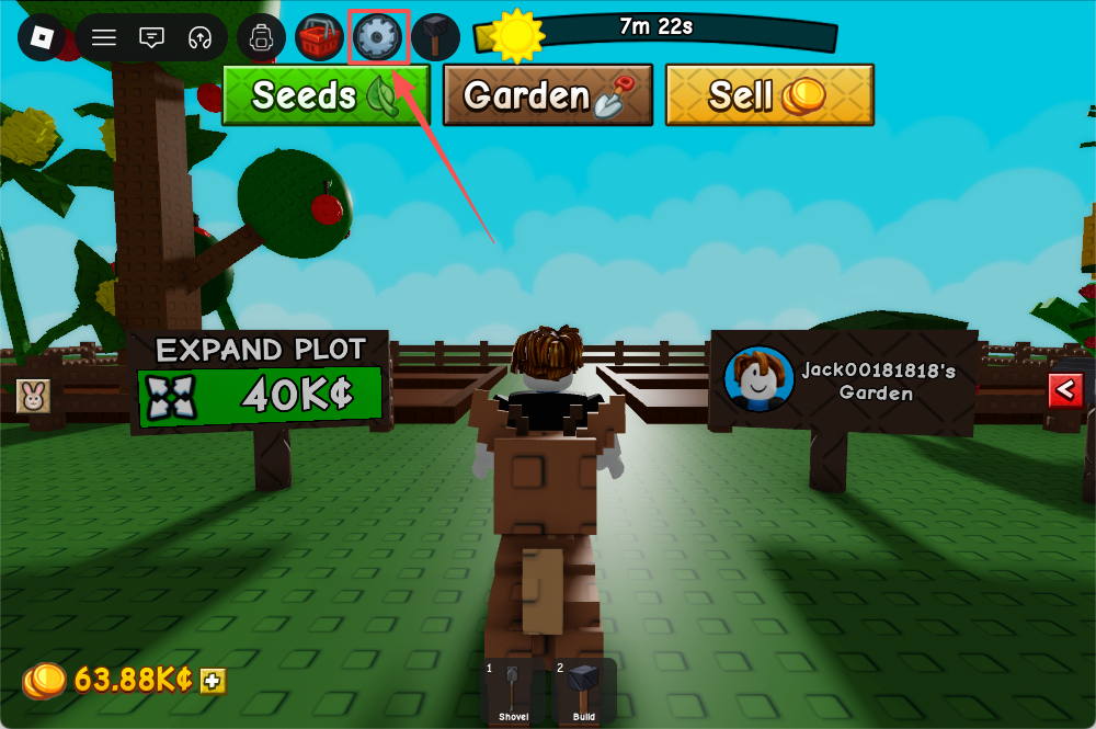 Grow a Garden 2 — click the settings cog to open the redeem panel